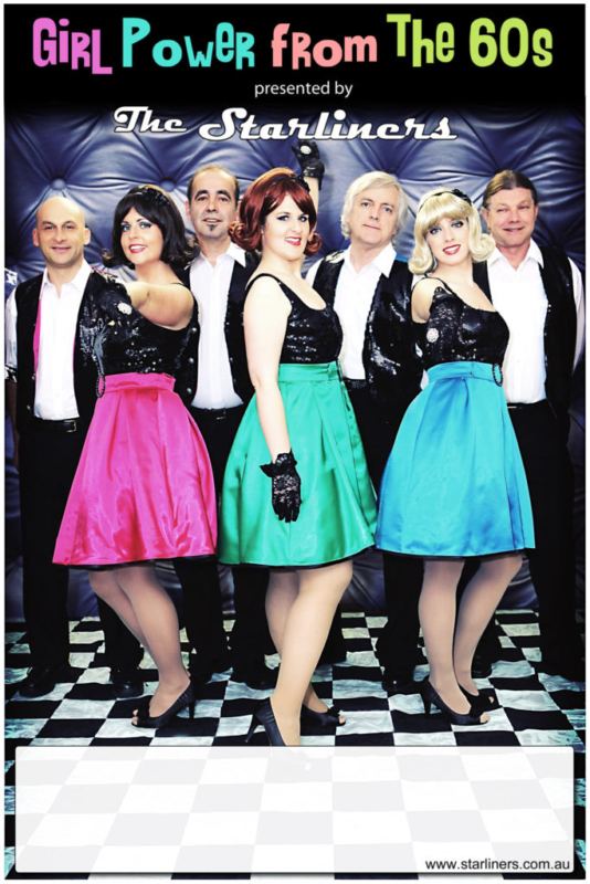 Poster with text and space for gig info. Girls in "Allsorts" dresses plus band