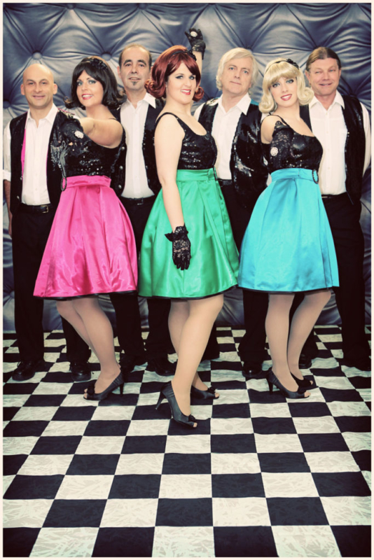 Poster without text. Girls in "Allsorts" dresses plus band